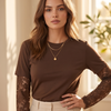 Lace sleeve brown top